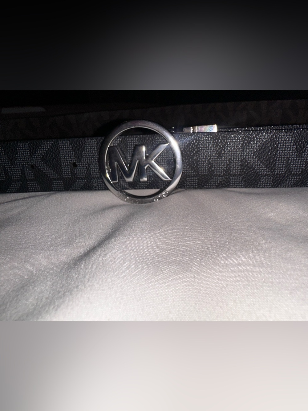 Michael Kors Black Signature Logo Belt with Silver MK Round Buckle